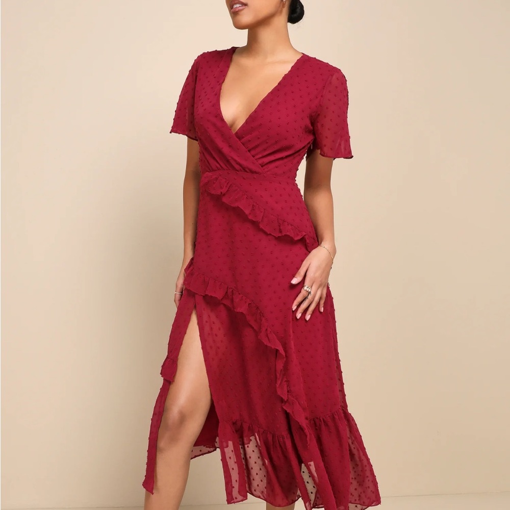 Lulu's NWT SOLD OUT Next to You Plum Swiss Dot Ruffled Midi Dress